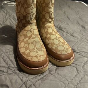 Coach Signature Canvas Platform Lace-Up Boots in Tan